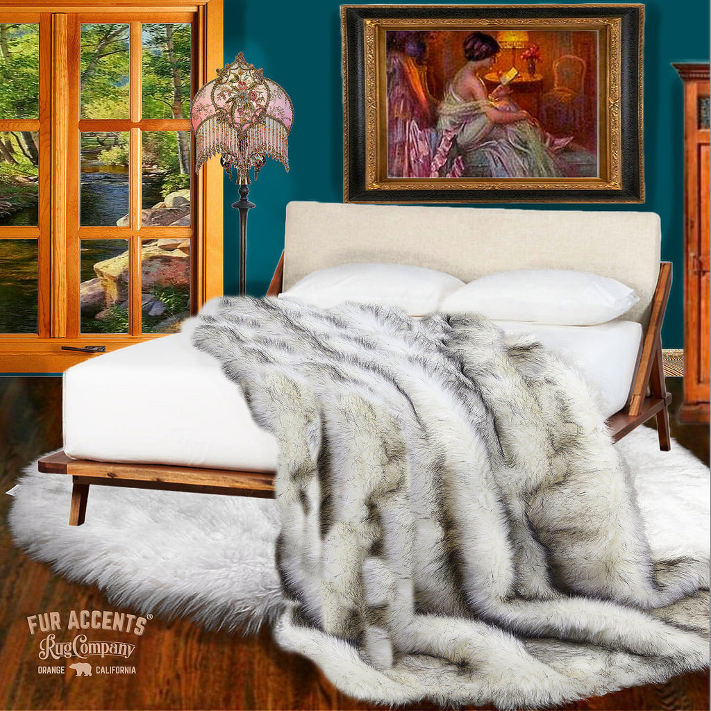 Plush Faux Fur Throw Blanket, Soft Black or Brown Tipped Wolf Fur Bedspread - Luxury Fur - Minky Cuddle Fur Lining Fur Accents USA