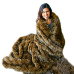 Plush  Faux Fur Throw Blanket, Soft Brown Wolf Fur Bedspread - Luxury Fur - Minky Cuddle Fur Lining Fur Accents USA