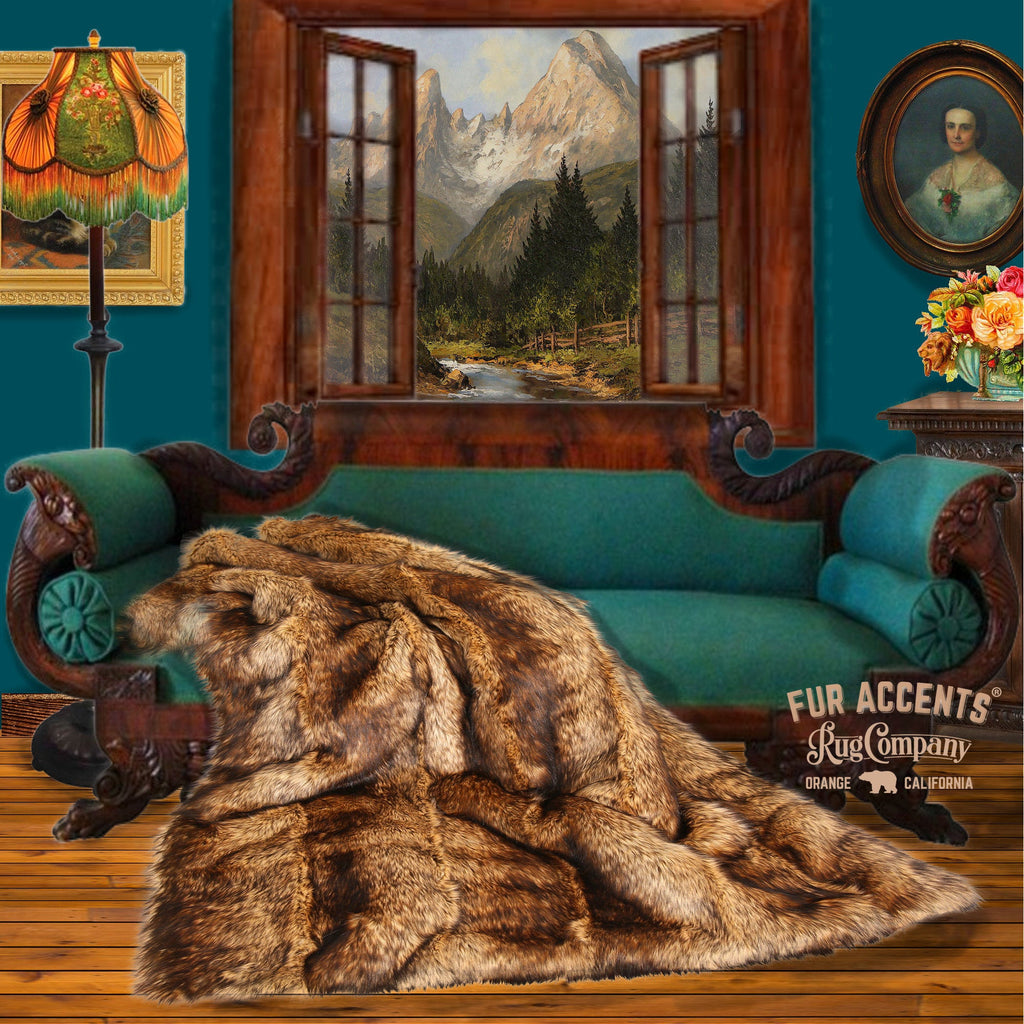 Plush Faux Fur Throw Blanket - Golden Wolf Stripe - Pieced Fur Shag Wolf - Hand Sewn - Micro Suede Lining - Fur Accents - USA