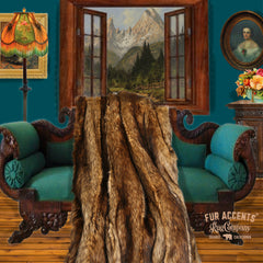 Plush Faux Fur Throw Blanket / Bedspread- Golden Wolf Stripe - Pieced Fur Shag Wolf - Hand Sewn - Micro Suede Lining - Fur Accents - USA