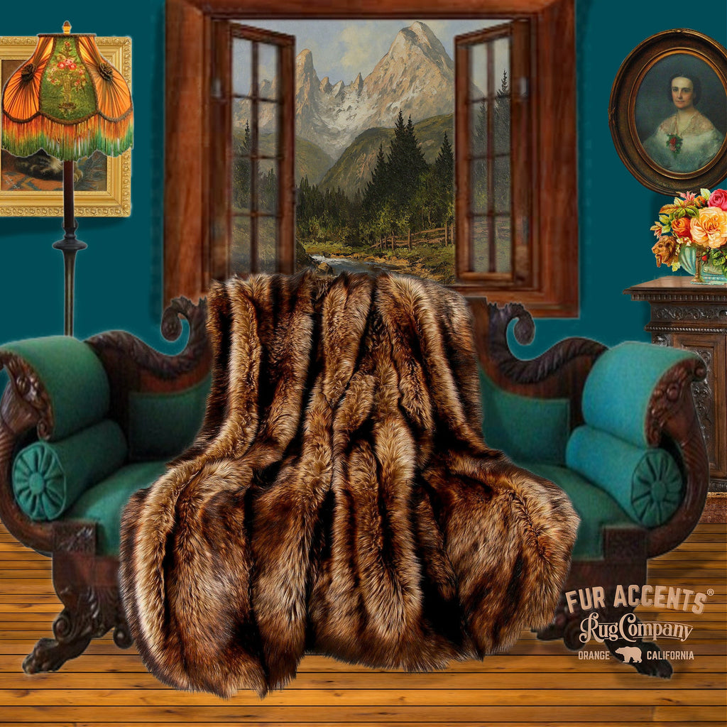 Plush Faux Fur Throw Blanket / Bedspread- Golden Wolf Stripe - Pieced Fur Shag Wolf - Hand Sewn - Micro Suede Lining - Fur Accents - USA
