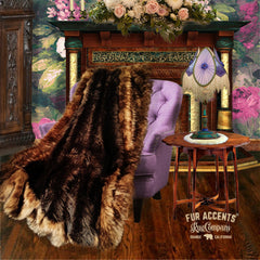 Plush Faux Fur Throw Blanket - Brown Shag Bear Center with Brown Wolf Trim - Hand Sewn - Micro Suede Lining - Fur Accents - USA
