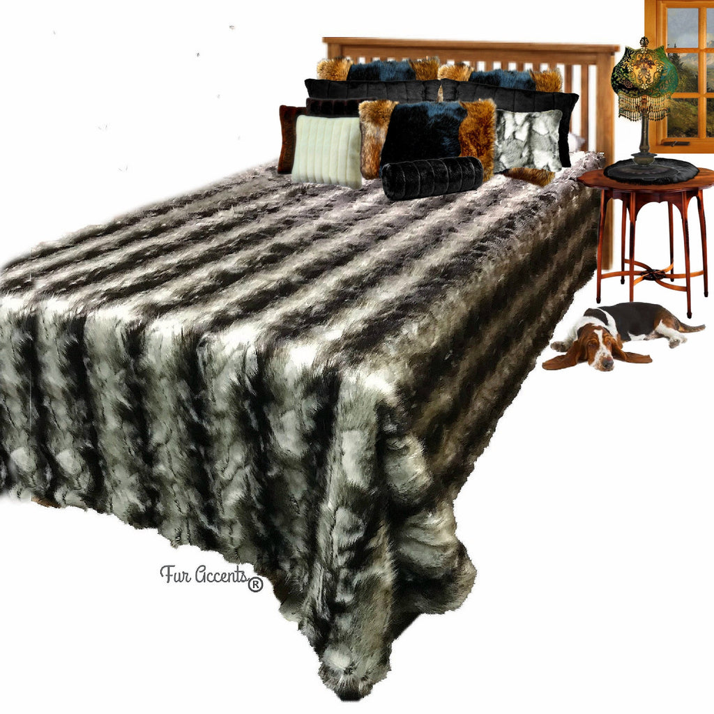Faux Fur Bedspread, Black Patch Rabbit, Designer Bedspread, Throw Blanket, Bedding Fur Accents USA, Pillows, Shams Are Sold Separately