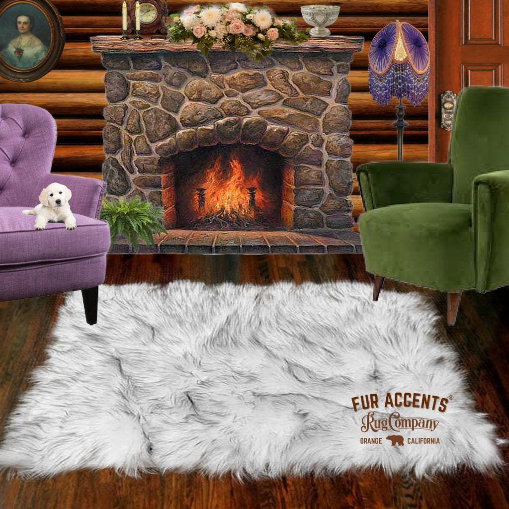 Plush Faux Fur Throw Area Rug - White Shag Sheepskin with Brown Tips - Arctic Wolf  - Ultra-Suede Lining - Fur Accents - USA