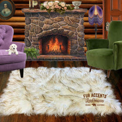 Plush Faux Fur Throw Area Rug - White Shag Sheepskin with Brown Tips - Arctic Wolf  - Ultra-Suede Lining - Fur Accents - USA