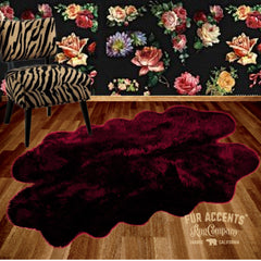 Plush Faux Fur Area Rug - Shaggy Quatro Sheepskin Design Shape - Blood Red or Purple with Black Tips - Designer Art Rug by Fur Accents USA