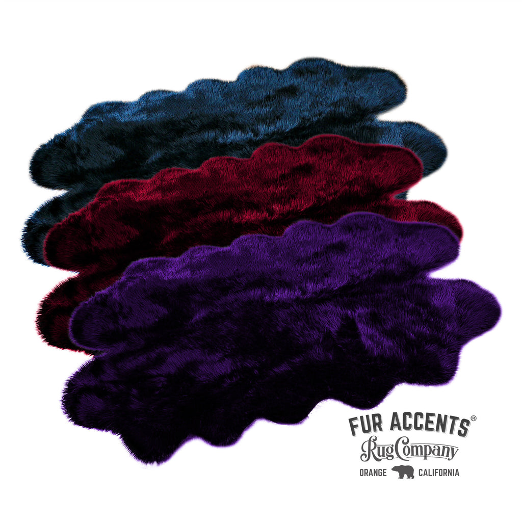 Plush Faux Fur Area Rug - Shaggy Quatro Sheepskin Design Shape - Blood Red or Purple with Black Tips - Designer Art Rug by Fur Accents USA