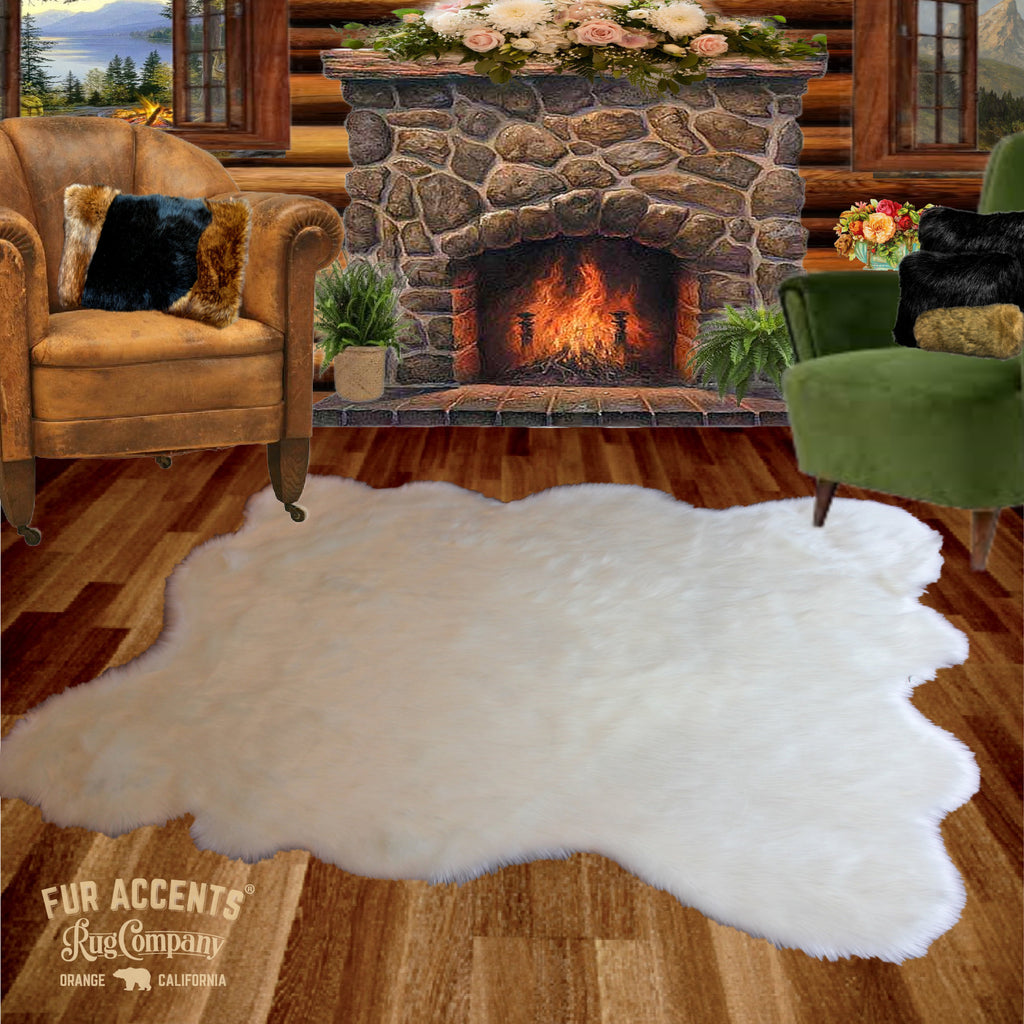 Plush Faux Fur Area Rug - Shaggy Random Shape Sheepskin Design - White, Black, Gray, Tan, Brown, Beige - Designer Art Rug by Fur Accents USA