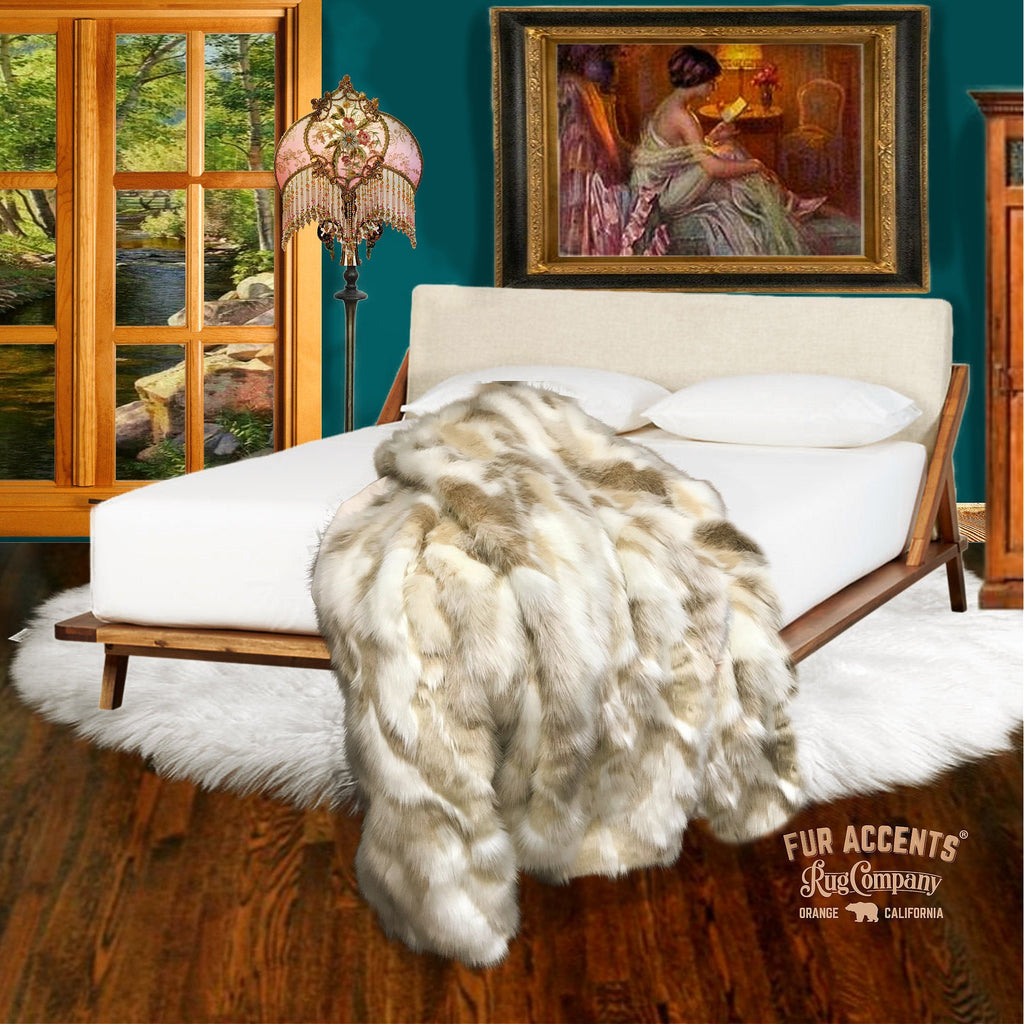 Plush  Faux Fur Throw Blanket, Soft Tan Ivory Tibetan Fox Bedspread - Luxury Fur - Minky Cuddle Fur Lining Fur Accents USA