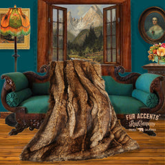 Plush Faux Fur Throw Blanket - Golden Wolf Stripe - Pieced Fur Shag Wolf - Hand Sewn - Micro Suede Lining - Fur Accents - USA