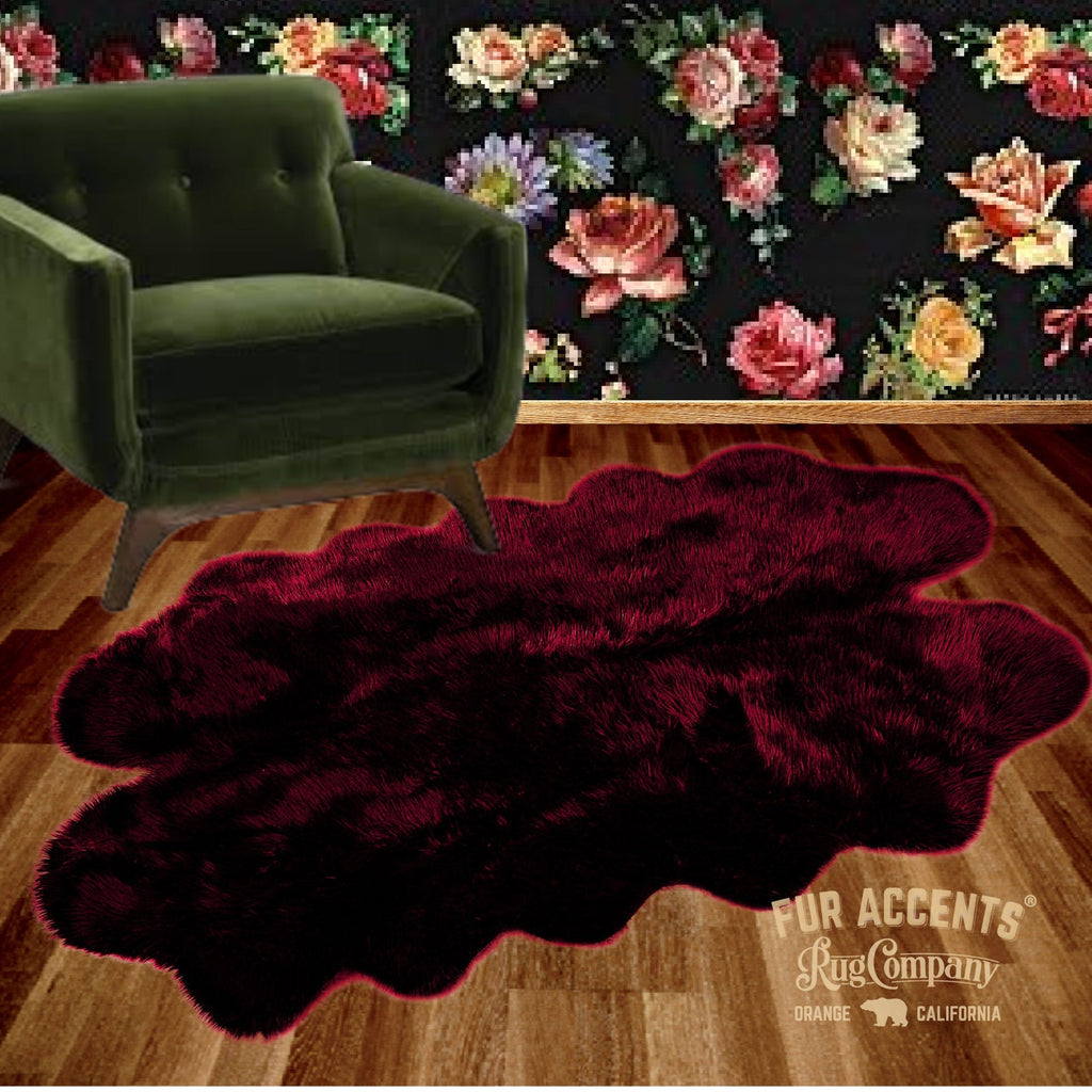 Plush Faux Fur Area Rug - Shaggy Quatro Sheepskin Design Shape - Blood Red or Purple with Black Tips - Designer Art Rug by Fur Accents USA