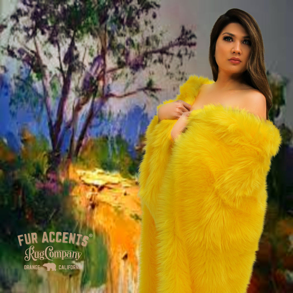 Plush  Faux Fur Throw Blanket,  Bedspread, Soft, Bright Yellow Shag, Luxury Fur - Minky Cuddle Fur Lining Fur Accents USA
