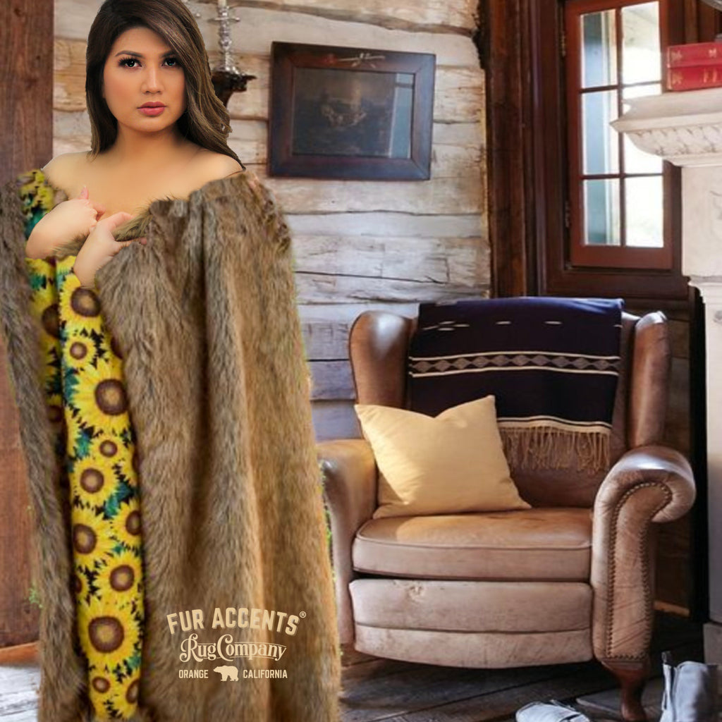 Plush  Faux Fur Throw Blanket, Soft, Light Brown Wolf, Luxury Fur, Beautiful Golden Sunflower Garden Lining, Fur Accents USA