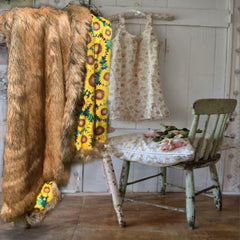 Plush  Faux Fur Throw Blanket, Soft, Light Brown Wolf, Luxury Fur, Beautiful Golden Sunflower Garden Lining, Fur Accents USA