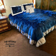 Plush Faux Fur Throw Blanket - Area Rug - Bed Spread - Cobalt Blue Shag - Exotic Gray Wolf Border Trim - Faux Fur Lining - Hand Made to Order in America byFur Accents - USA