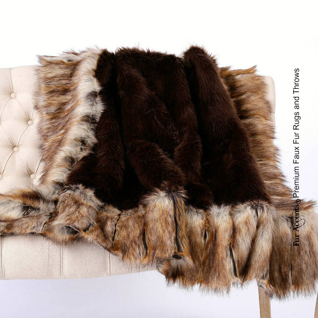 Plush Faux Fur Throw Blanket Bedspread - Brown Shag Bear with Light Brown Ribbed Fox Fur Border Trim - Minky Lining - Fur Accents - USA