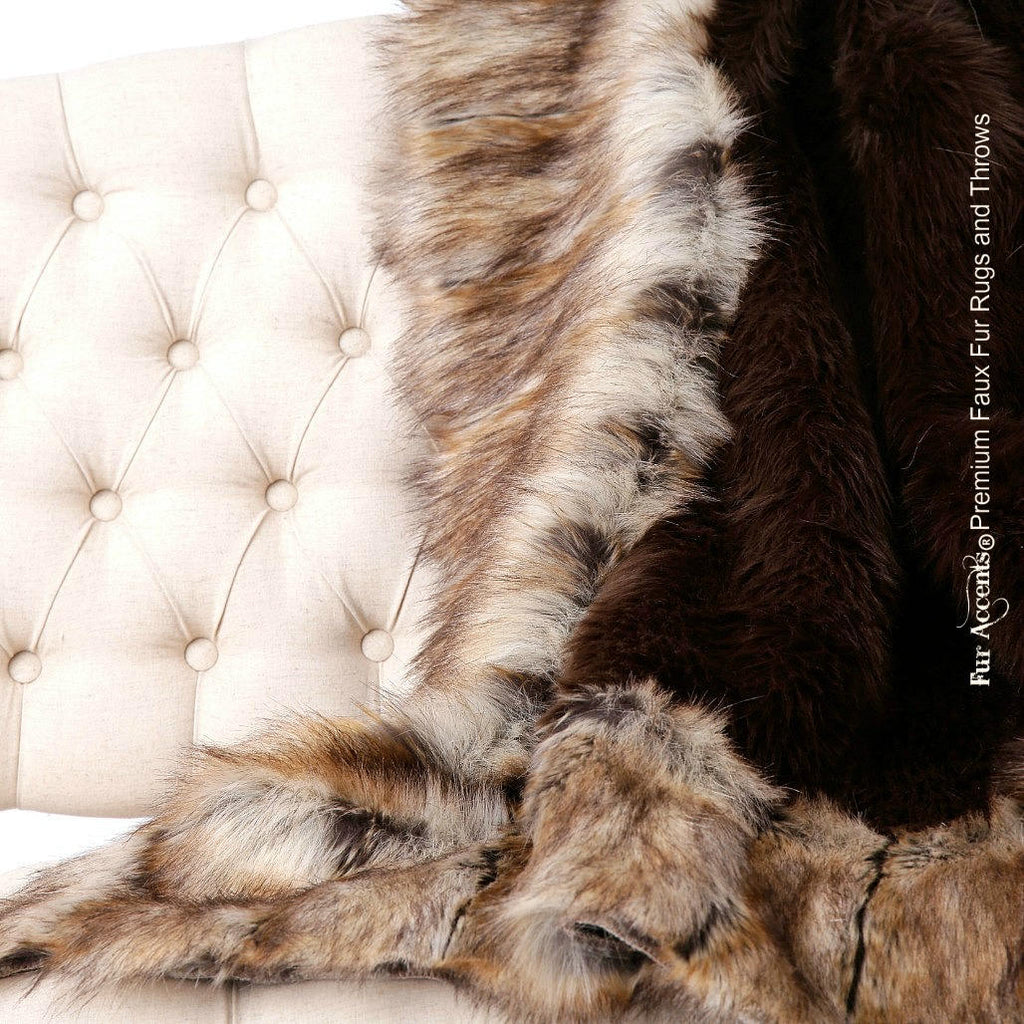 Plush Faux Fur Throw Blanket Bedspread - Brown Shag Bear with Light Brown Ribbed Fox Fur Border Trim - Minky Lining - Fur Accents - USA
