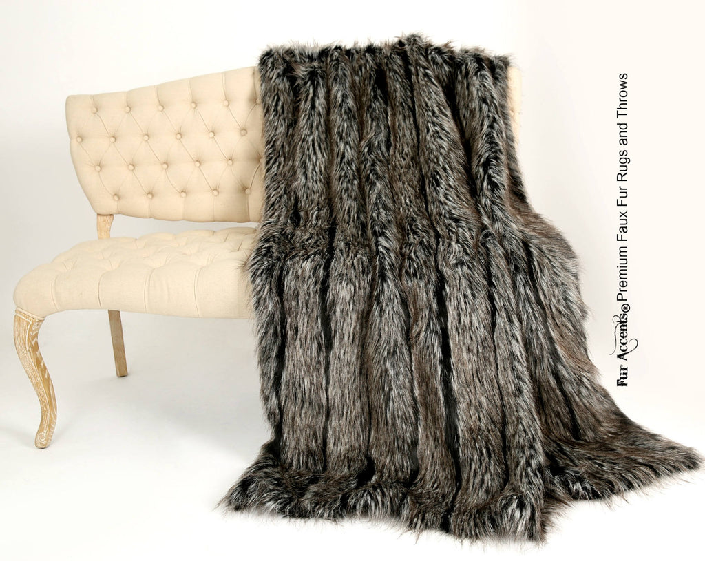 Plush Faux Fur Throw Blanket Black and Gray Sripe Ribbed Fox Bedspread Luxury Fur Black Gray White - Minky Cuddle Fur Lining Fur Accents USA