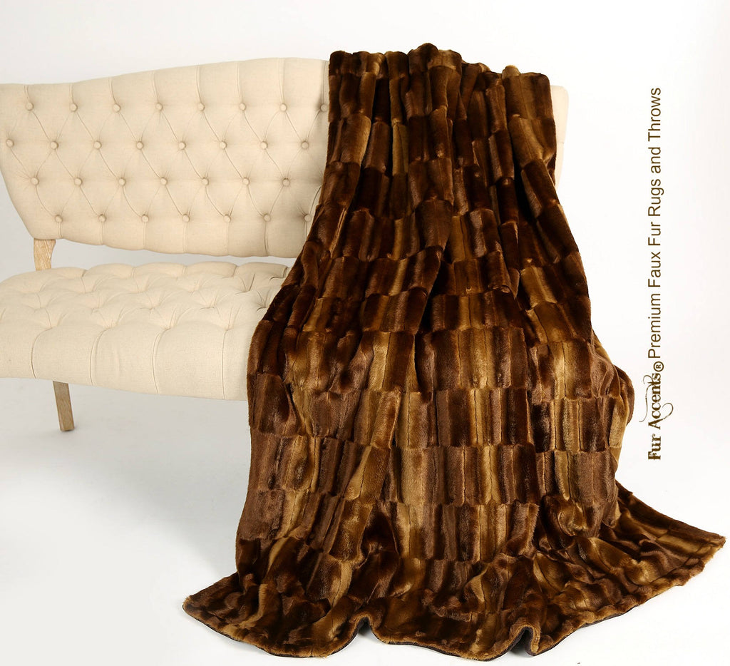 Plush Faux Fur Throw Blanket, Bedspread - Luxury Fur - Brown Tone Patch Beaver - Minky Cuddle Fur Lining - Fur Accents USA