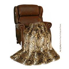 Faux Fur Throw Blanket - Bedspread - Plush Luxury Fur - Medium Brown Spotted Leopard - Minky Cuddle Fur Lining - Fur Accents - USA