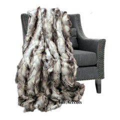 Plush  Faux Fur Throw Blanket,Black Gray Exotic Rabbit - Bedspread - Luxury Fur - White, Black, Gray Minky Cuddle Fur Lining Fur Accents USA