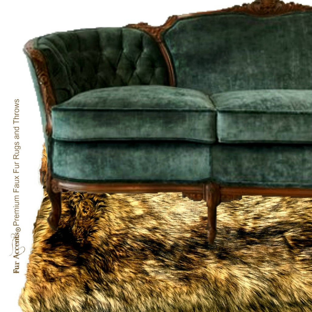 Plush Faux Fur Area Rug - Luxury Fur Thick Golden Brown Wolf Skin - Faux Fur - Rectangle Shape Designer Throw Rug - Fur Accents - USA