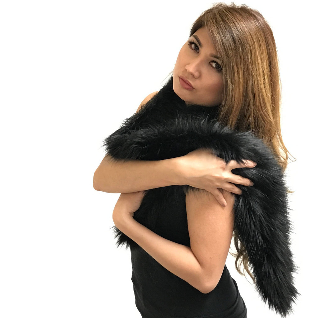 Exotic Pieced Faux Fur Scarf - Luxurious Plush Designer Fashion Fur - Black Sable - Luxury Fur Scarves Fur Accents USA