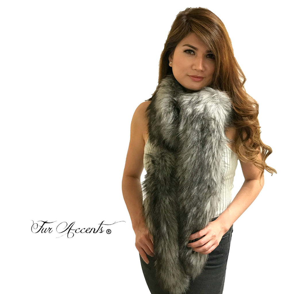 Exotic Pieced Faux Fur Scarf - Luxurious Plush Designer Fashion Fur - Black Tipped Gray Wolf - Fur Scarves Fur Accents USA
