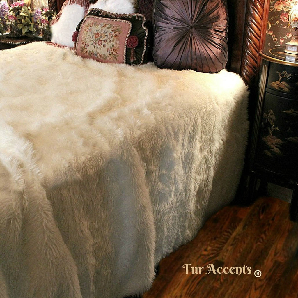 Plush Faux Fur Bedspread - White or Off White - Sheepskin - Shag Soft Bear Skin Design - Designer Throws by Fur Accents USA