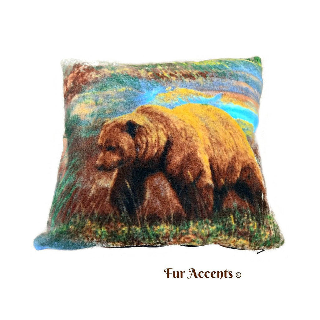 Plush Soft Flannel Pillow - Sham - Cover - Brown Grizzly Bear Pattern Lodge - Cabin - 3 New Sizes - Designer Throw - Toss -  Fur Accents USA