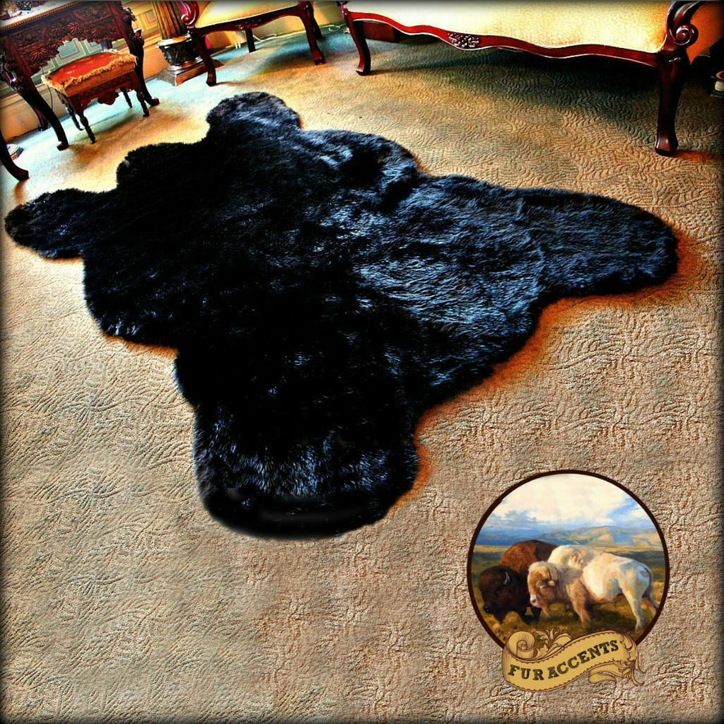 Plush Faux Fur Area Rug - Luxury Fur Black - Old Bear - Bear Skin - Animal Hide - Pelt Shape Designer Throw Rug - Fur Accents - USA