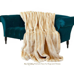 Plush Faux Fur Throw Blanket Bedspread - Super Soft Ribbed Mink - Tan - Fur Minky Cuddle Fur Lining - Fur Accents - USA