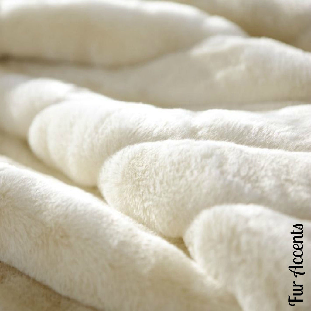 Plush Faux Fur Throw Blanket Bedspread - Super Soft - Ribbed Channel Mink White -Off White - Fur Minky Cuddle Fur Lining - Fur Accents - USA