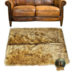Plush Faux Fur Area Rug - Luxury Fur Light Golden Brown Wolf - Coyote - Ultra Suede Non Slip Lining - Fur Accents - USA