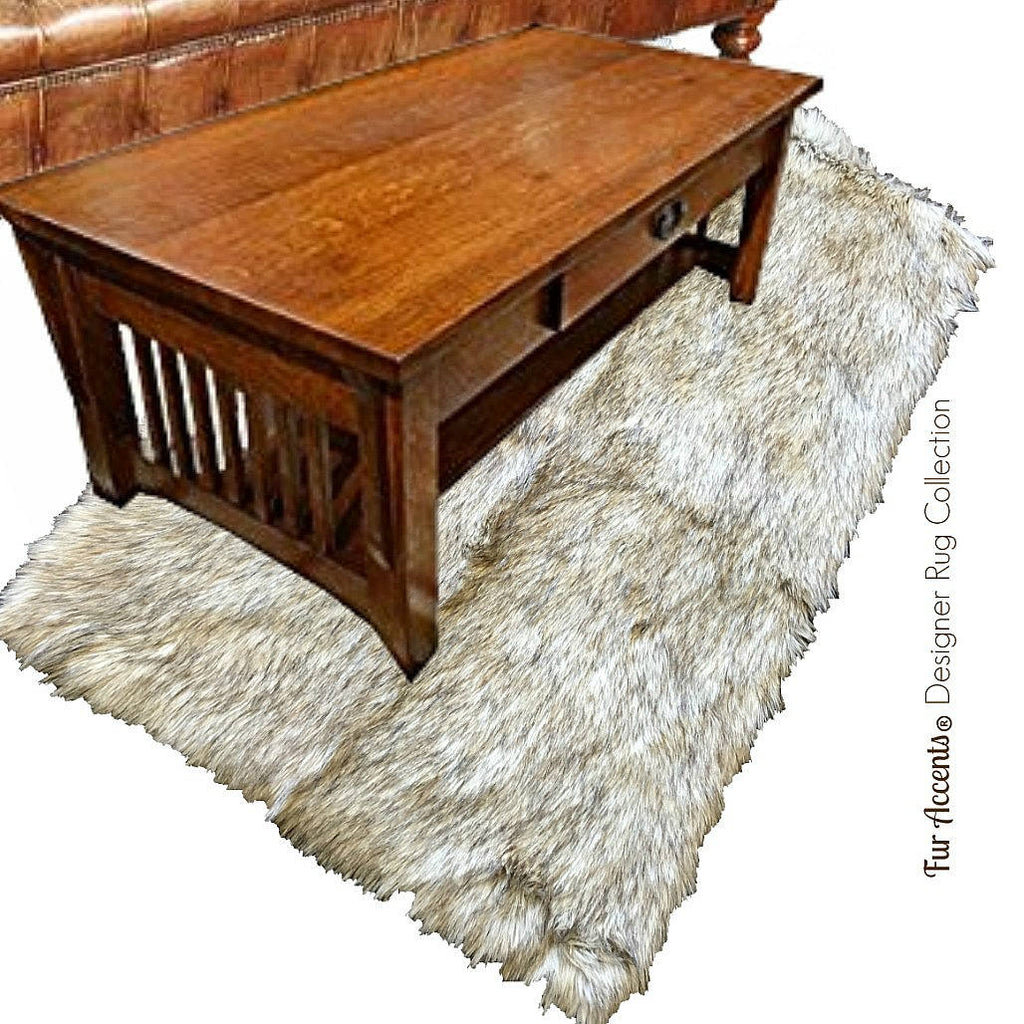 Plush Faux Fur Area Rug - Luxury Fur Light Gray - Tan Brown Wolf - Ultra Suede Non Slip Lining - Rectangle - Art Rugs by Fur Accents - USA