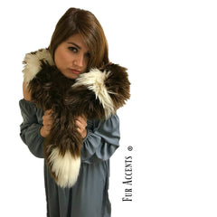 Exotic Faux Fur Scarf Luxurious Plush Designer Fashion Fur Rich Sable Brown - Off White Thick Icelandic Sheepskin Scarves by Fur Accents USA