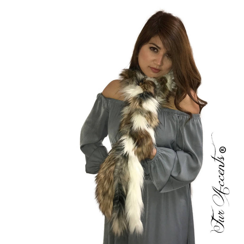 Exotic Faux Fur Braided Scarf Luxurious Plush Designer Fashion Fur Coyote, Gray Raccoon, White Fox - Braided  Fur Scarves by Fur Accents USA