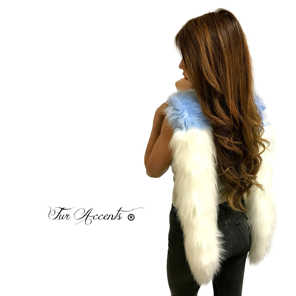 Exotic Pieced Faux Fur Scarf - Luxurious Plush Designer Fashion Fur - Ivory Tipped Mink with Blue Fox Fur Scarves Fur Accents USA