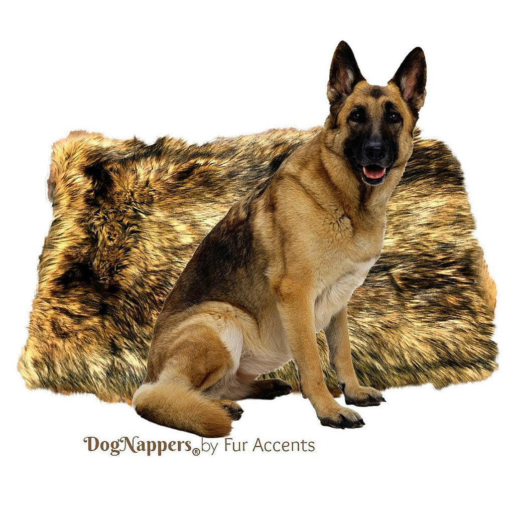 Shaggy Soft Golden Brown Wolf Faux Fur DogNapper Dog Bed - Cat Mat - Reversible - Padded Plush Shag Fur Lining - Fur Accents USA