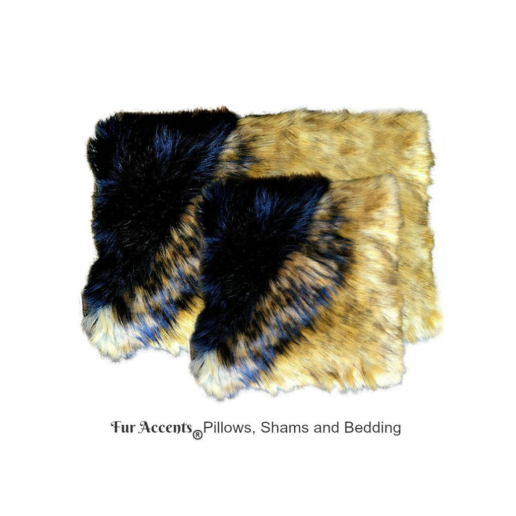 Plush Faux Fur Pillow - Sham - Cover - Plush Black Gold and Brown Wolf - 3 New Sizes - Designer Throw - Toss -  Fur Accents USA
