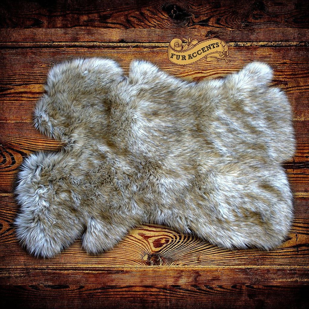 Plush Faux Fur Area Rug - Off White with Light Medium Brown Tips - New Pelt Shape Designer Throw Rug - Fur Accents - USA