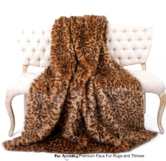 Plush Faux Fur Throw Blanket - Bedspread - Luxury Fur Medium Brown Fancy Leopard - Fur Minky Cuddle Fur Lining - Fur Accents - USA