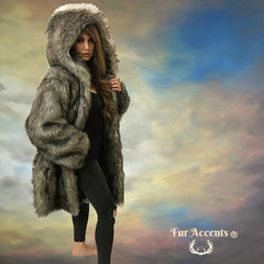 FUR ACCENTS Exotic Faux Fur Shaggy Gray Wolf - Large Baggy - Hooded Coat - Unisex Jacket - One Size - Oversize