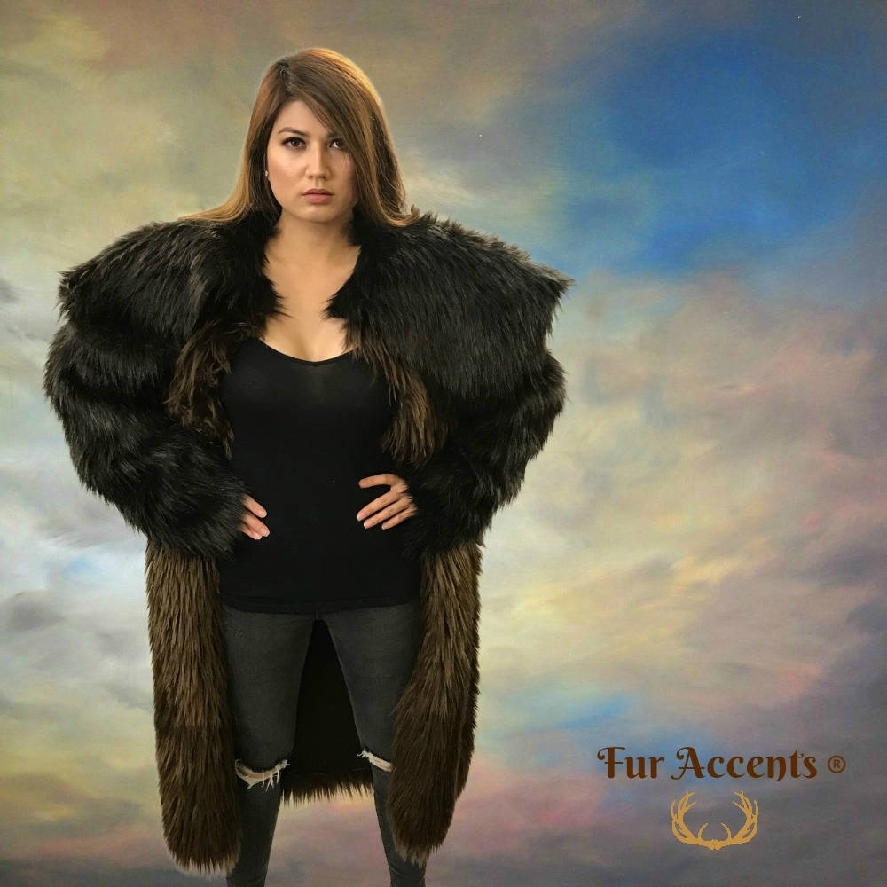 Buffalo Robe Bear Skin Jacket Long Coat Exotic Faux Fur -Shaggy Brown and Black Western Wear- Lined Unisex Oversize Fur Accents