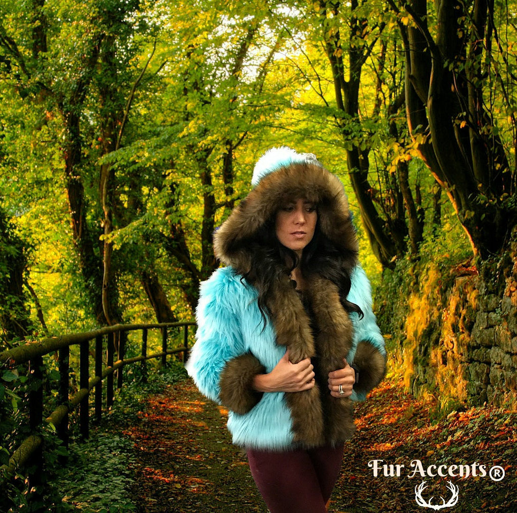 FUR ACCENTS Exotic Faux Fur Shaggy Dyed Teal Sheepskin Hooded Coat - Jacket -  Trimmed With Brown Fox Fur - One Size - Oversize