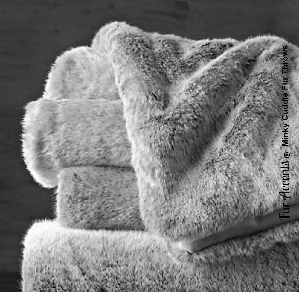 Plush  Faux Fur Throw Blanket, Soft  Gray Tipped Minky Rabbit Bedspread - Luxury Fur - Minky Cuddle Fur Lining Fur Accents USA
