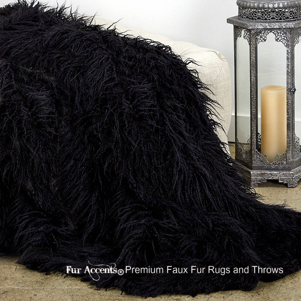 Plush  Faux Fur Throw Blanket, Soft Black Mongolian Shag  Bedspread - Luxury Fur - Minky Cuddle Fur Lining Fur Accents USA