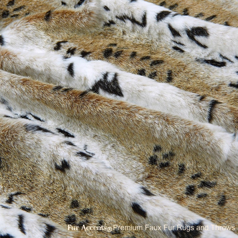 Plush  Faux Fur Throw Blanket, Beige Spotted Snow Lynx - Bedspread - Luxury Fur - Minky Cuddle Fur Lining Fur Accents USA