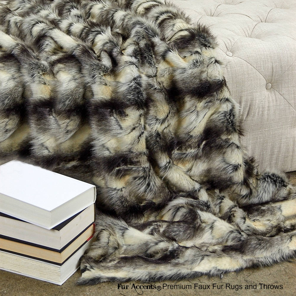 Plush  Faux Fur Throw Blanket, Soft  Black and Gray Patched Rabbit Bedspread - Luxury Fur - Minky Cuddle Fur Lining Fur Accents USA