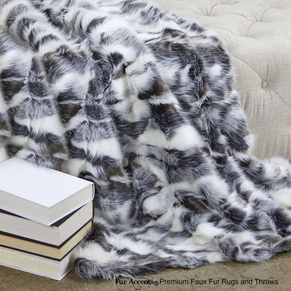 Plush  Faux Fur Throw Blanket, Soft Gray Tone Tibetan Fox Bedspread - Luxury Fur - Minky Cuddle Fur Lining Fur Accents USA
